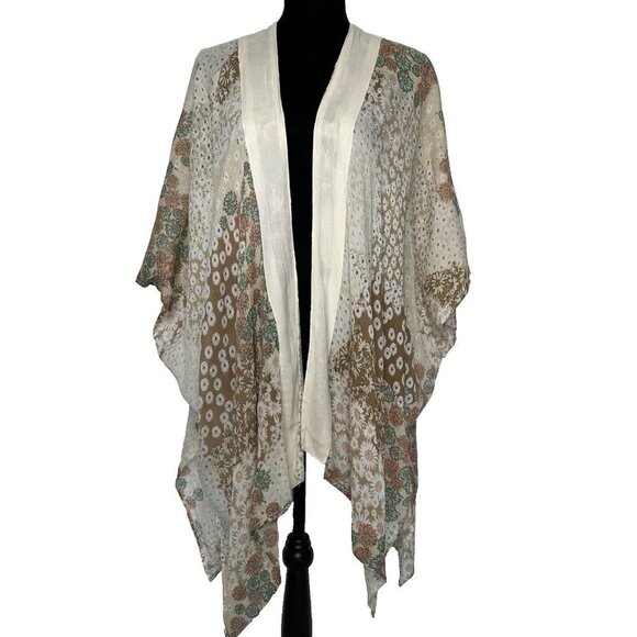 Bohemian Kimono One Size Floral Relaxed Tan Brown Beach Summer Coverup - Picture 1 of 7